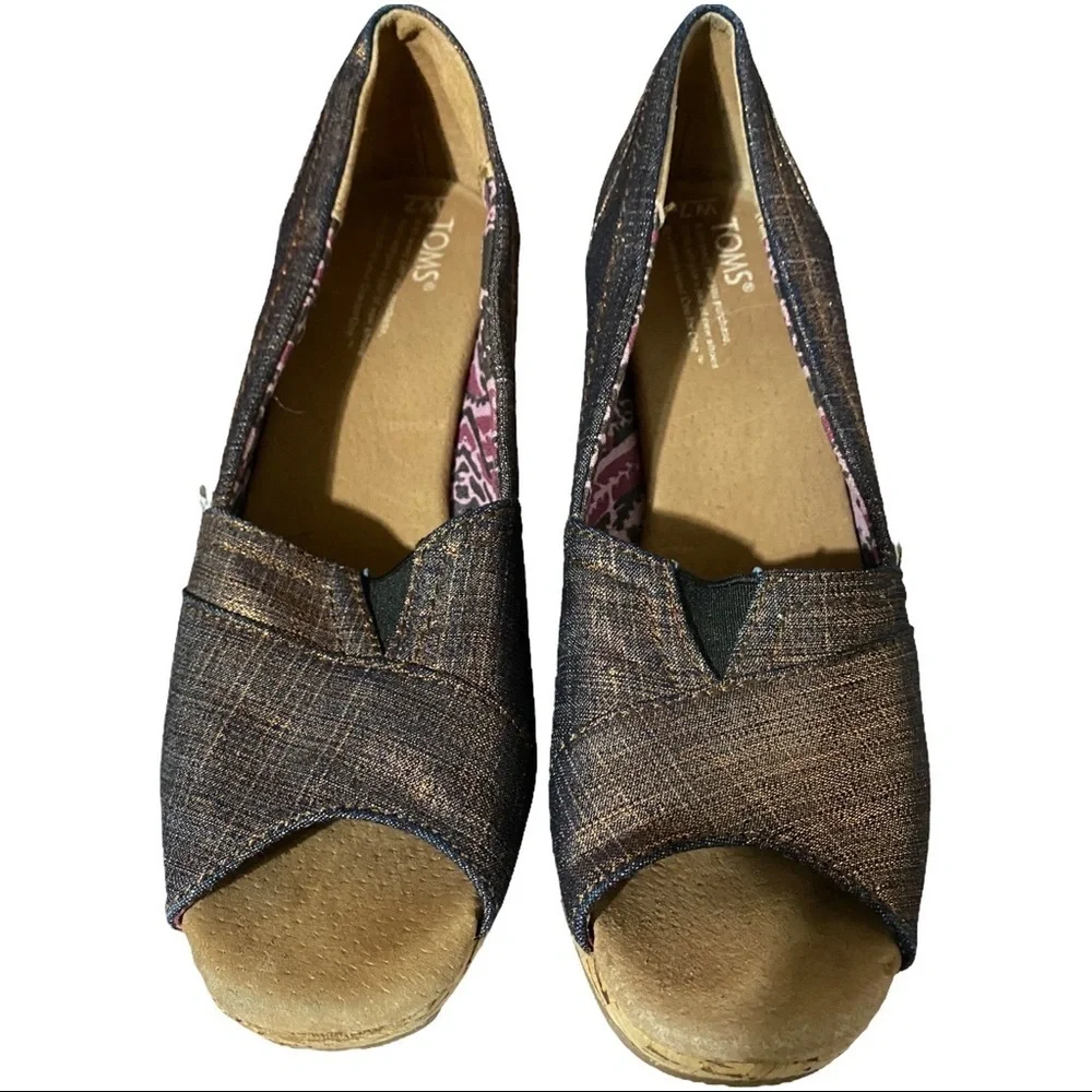 Toms Calypso Peep Toe Wedge Sandals Metallic Bronze 7W